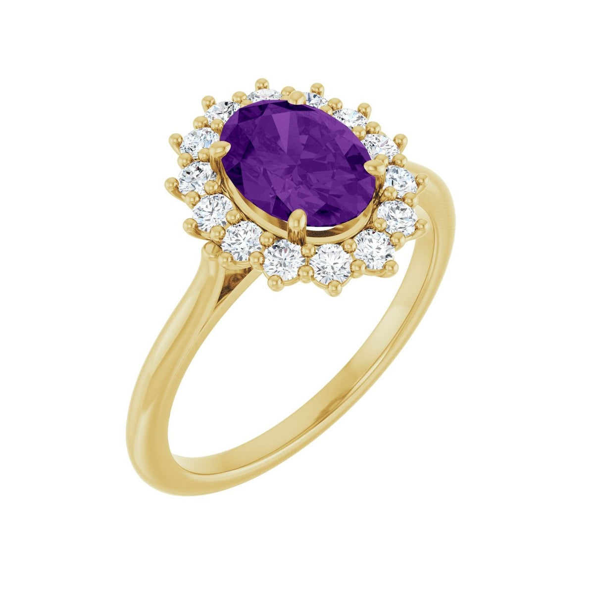 Sapphire Row Natural Gemstone Halo Ring - Amethyst, 14K Yellow Gold, Oval 8 × 6 mm · lab-grown diamond halo