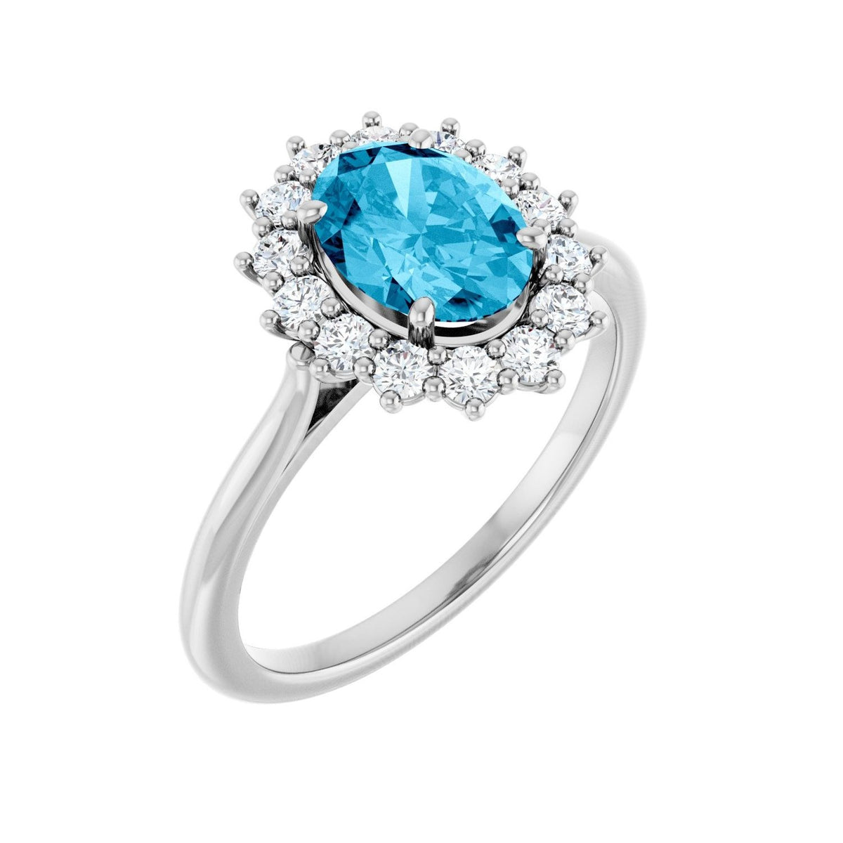 Sapphire Row Natural Gemstone Halo Ring - Aquamarine, 14K White Gold, Oval 8 × 6 mm · lab-grown diamond halo