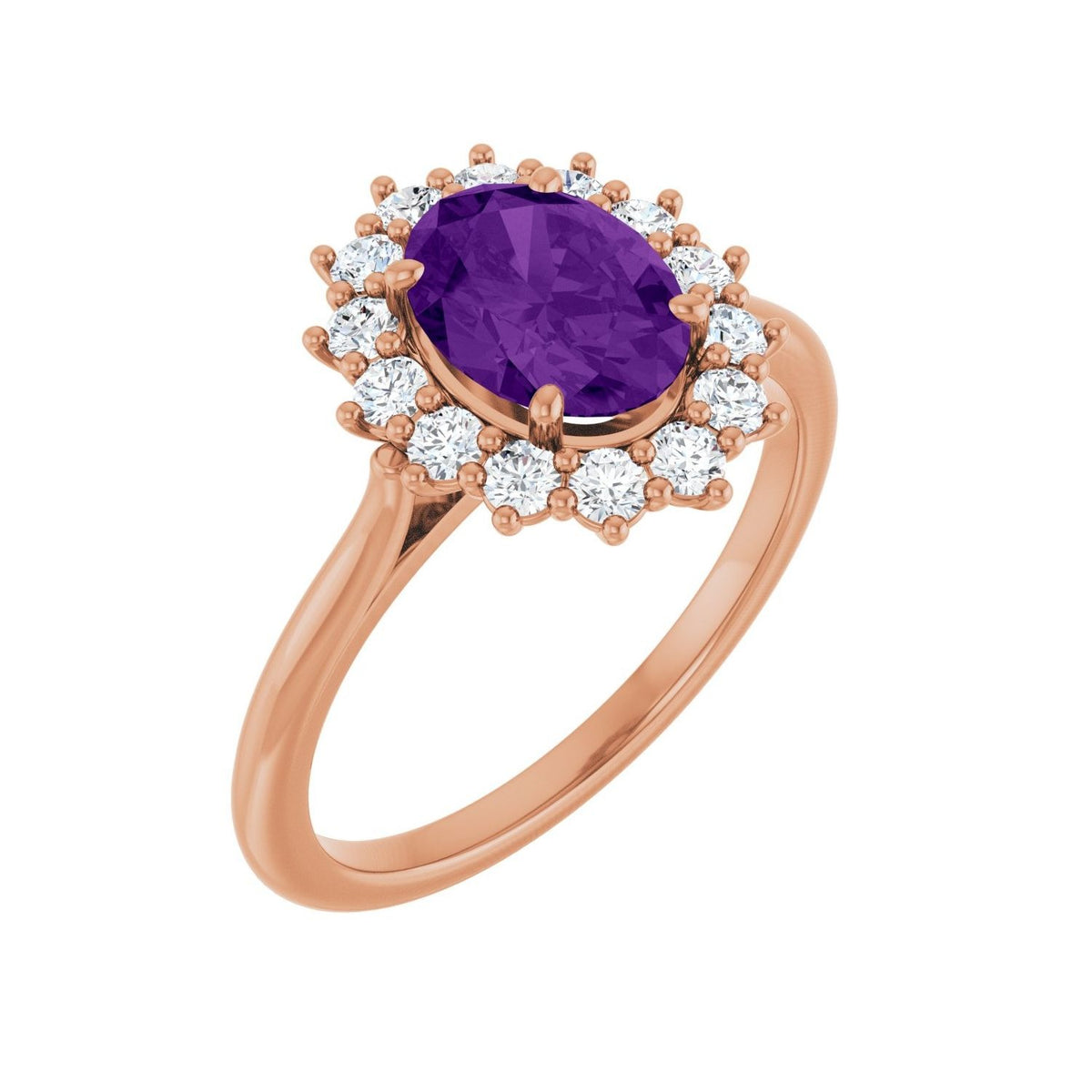 Sapphire Row Natural Gemstone Halo Ring - Amethyst, 14K Rose Gold, Oval 8 × 6 mm · lab-grown diamond halo