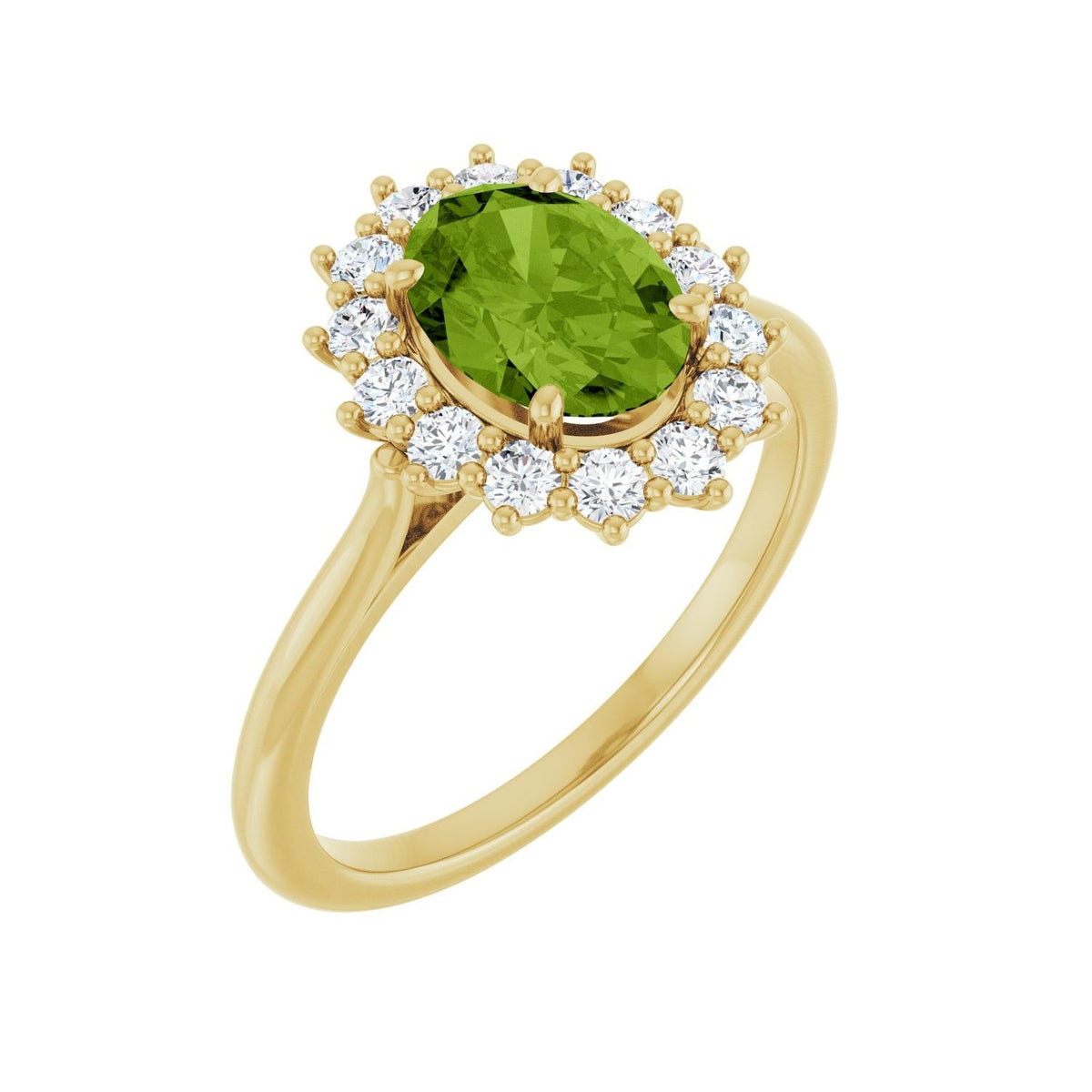 Sapphire Row Natural Gemstone Halo Ring - Peridot, 10K Yellow Gold, Oval 8 × 6 mm · lab-grown diamond halo