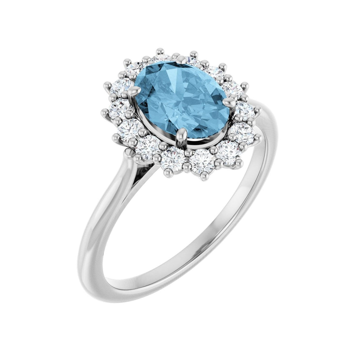 Sapphire Row Natural Gemstone Halo Ring - Sky Blue Topaz, 14K White Gold, Oval 8 × 6 mm · lab-grown diamond halo
