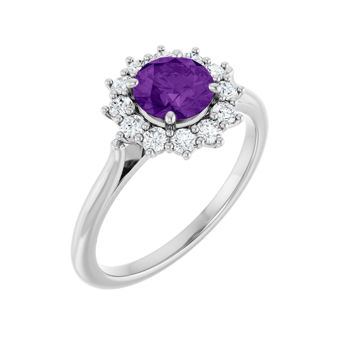Sapphire Row Natural Gemstone Halo Ring - Amethyst, Platinum, Round 6 mm · lab-grown diamond halo