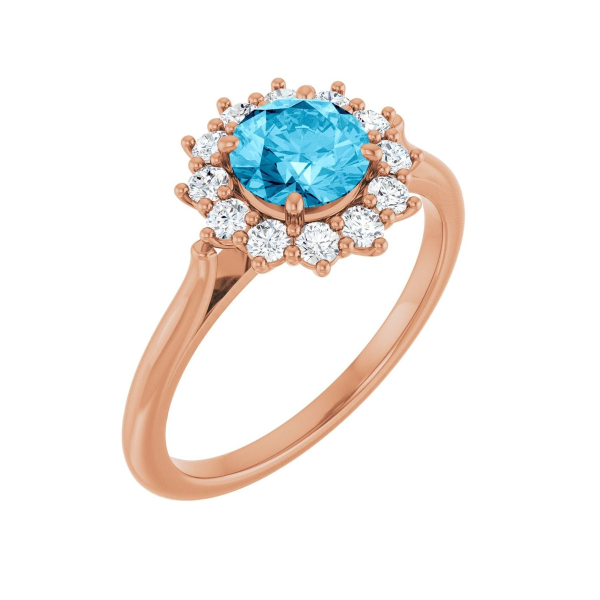 Sapphire Row Natural Gemstone Halo Ring - Aquamarine, 14K Rose Gold, Round 6 mm · lab-grown diamond halo