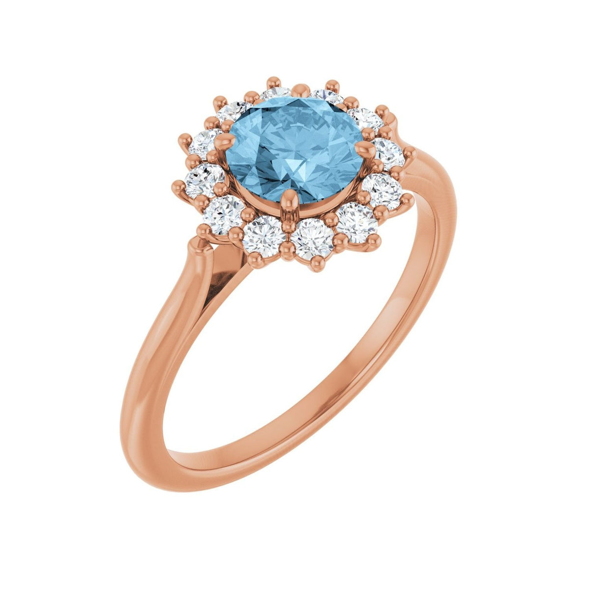 Sapphire Row Natural Gemstone Halo Ring - Sky Blue Topaz, 14K Rose Gold, Round 6 mm · lab-grown diamond halo