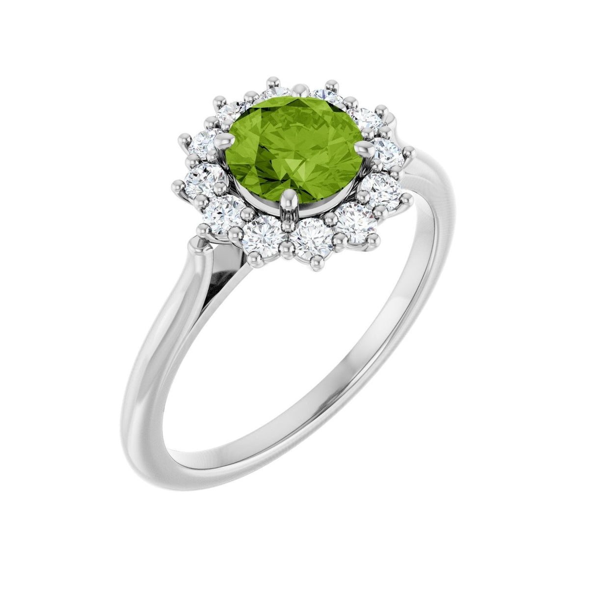 Sapphire Row Natural Gemstone Halo Ring - Peridot, 14K White Gold, Round 6 mm · lab-grown diamond halo