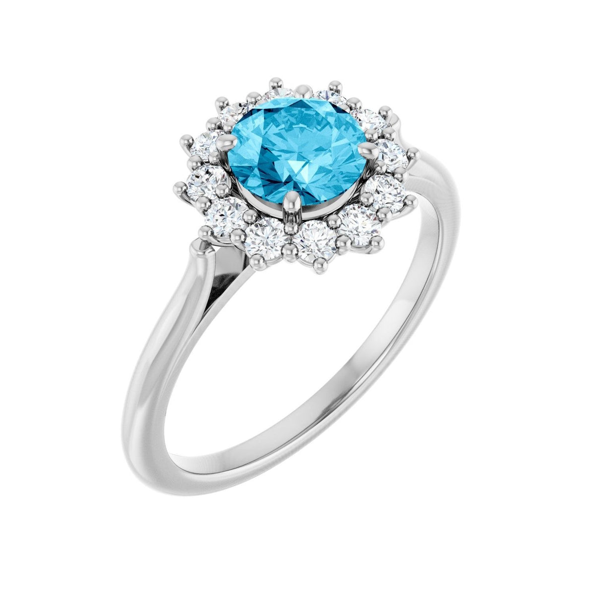 Sapphire Row Natural Gemstone Halo Ring - Aquamarine, 14K White Gold, Round 6 mm · lab-grown diamond halo
