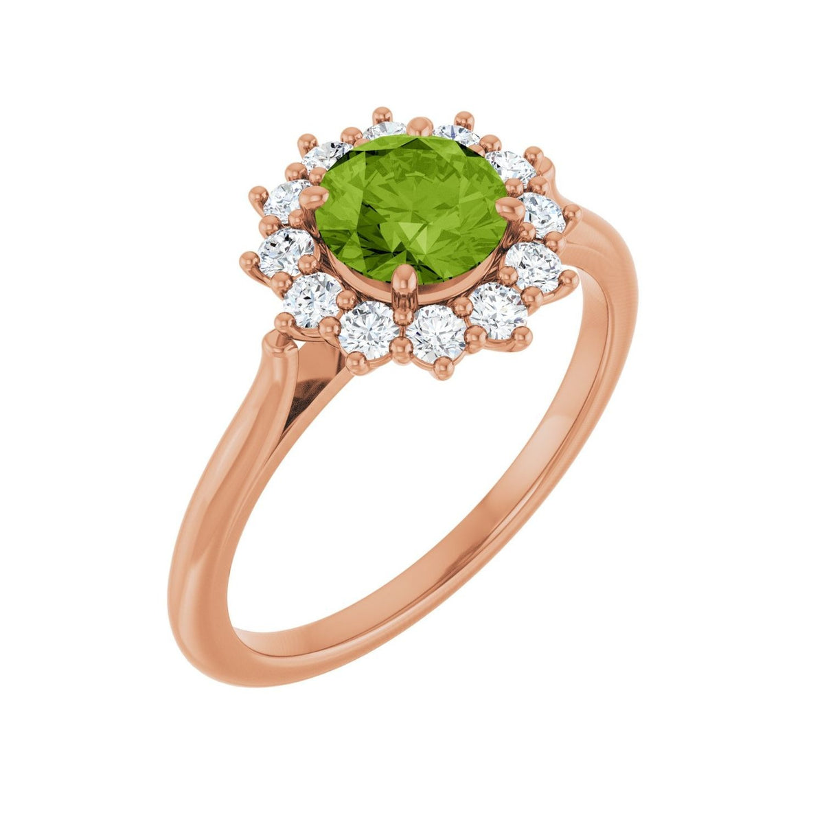 Sapphire Row Natural Gemstone Halo Ring - Peridot, 14K Rose Gold, Round 6 mm · lab-grown diamond halo