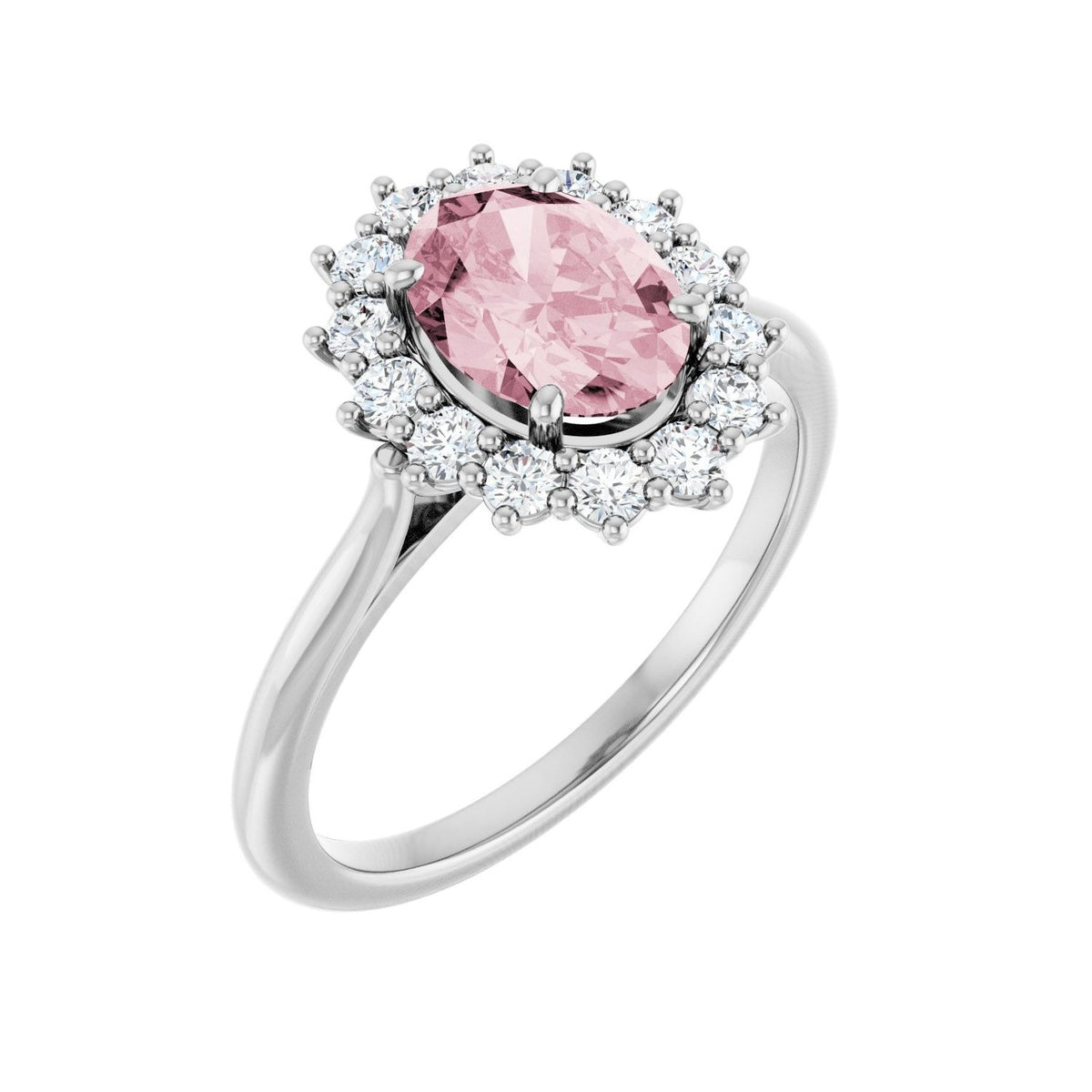 Sapphire Row Natural Gemstone Halo Ring - Pink Morganite, Platinum, Oval 7 × 5 mm · natural diamond halo