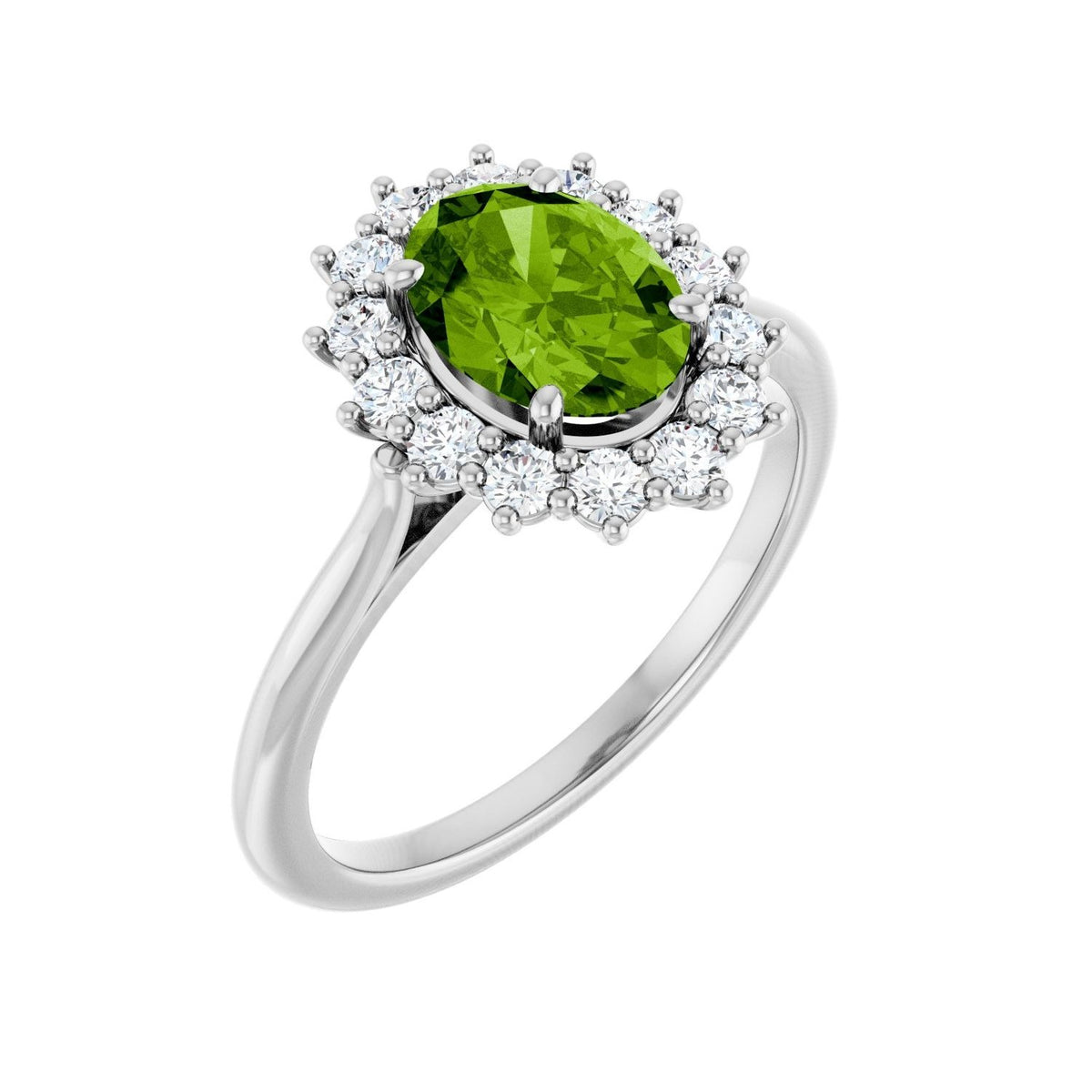 Sapphire Row Natural Gemstone Halo Ring - Peridot, Platinum, Oval 8 × 6 mm · natural diamond halo