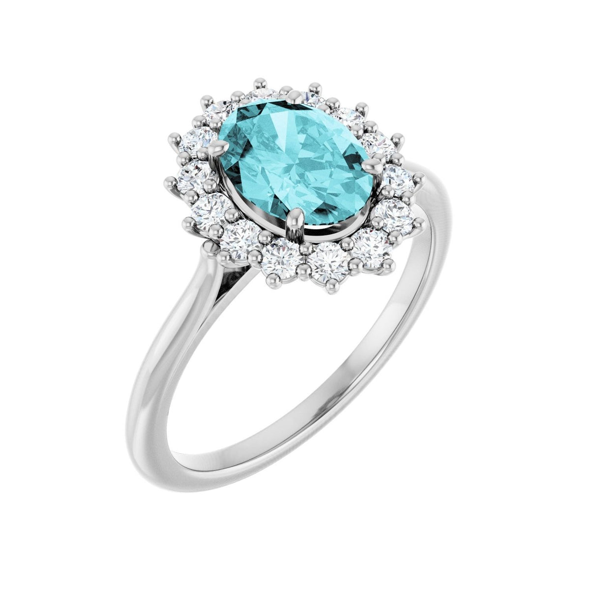 Sapphire Row Natural Gemstone Halo Ring - Blue Zircon, Platinum, Oval 8 × 6 mm · natural diamond halo