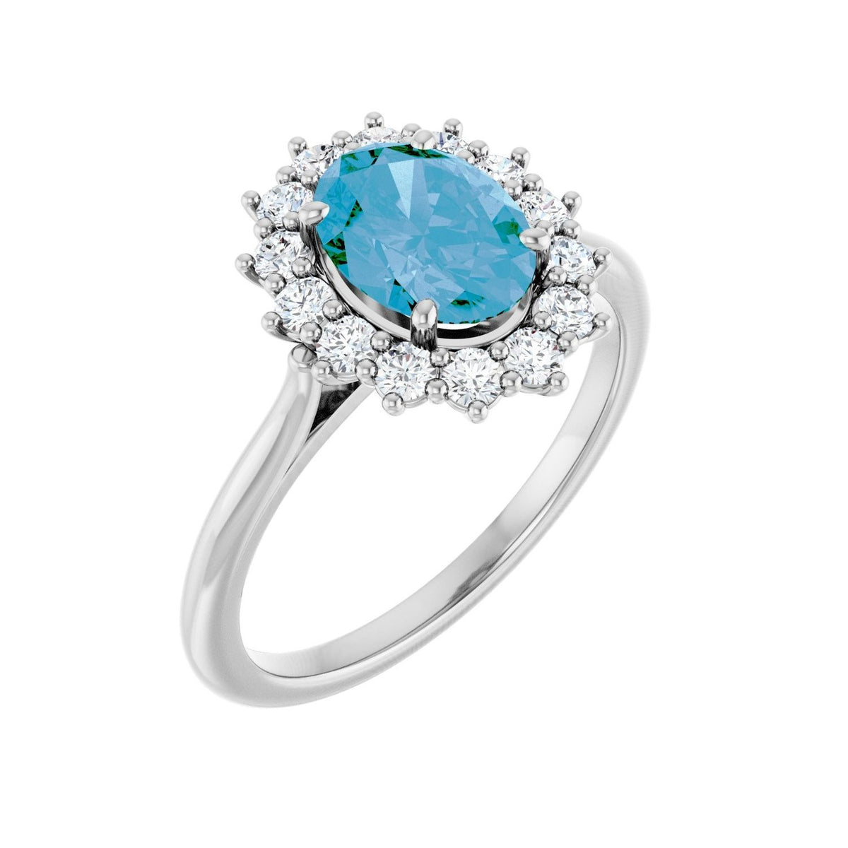 Sapphire Row Natural Gemstone Halo Ring - Swiss Blue Topaz, Platinum, Oval 8 × 6 mm · natural diamond halo