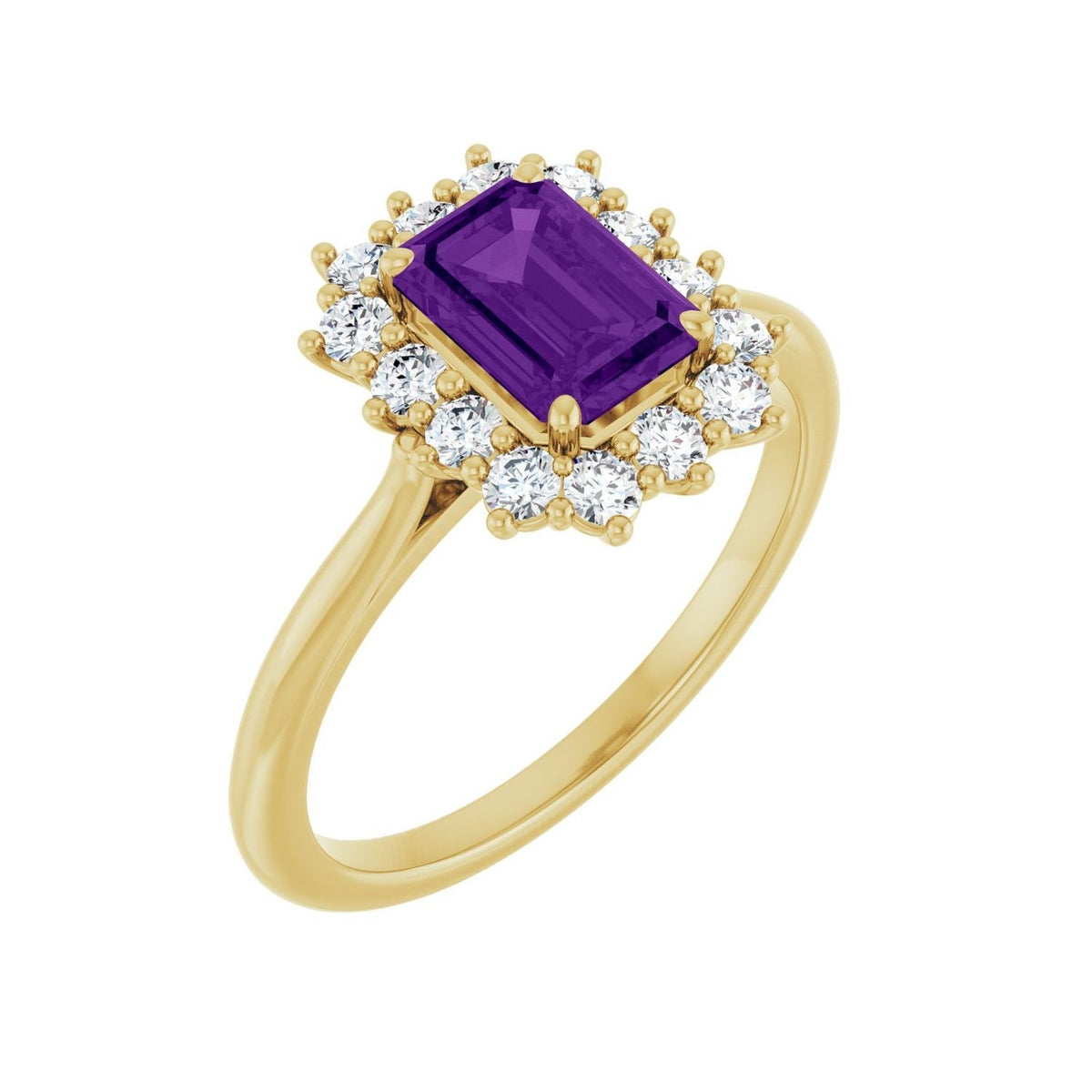 Sapphire Row Natural Gemstone Halo Ring - Amethyst, 10K Yellow Gold, Emerald 7 × 5 mm · lab-grown diamond halo