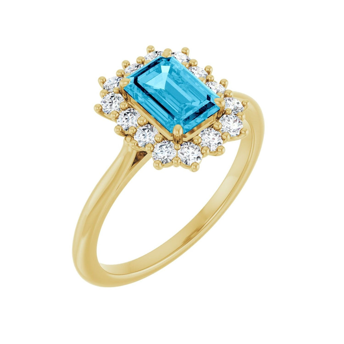 Sapphire Row Natural Gemstone Halo Ring - Aquamarine, 14K Yellow Gold, Emerald 7 × 5 mm · lab-grown diamond halo