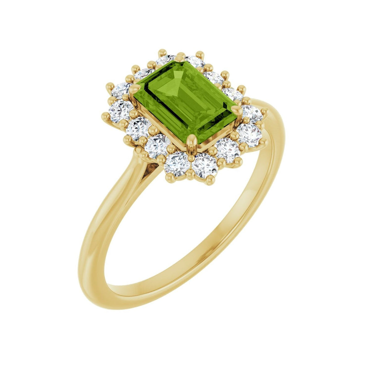 Sapphire Row Natural Gemstone Halo Ring - Peridot, 14K Yellow Gold, Emerald 7 × 5 mm · lab-grown diamond halo