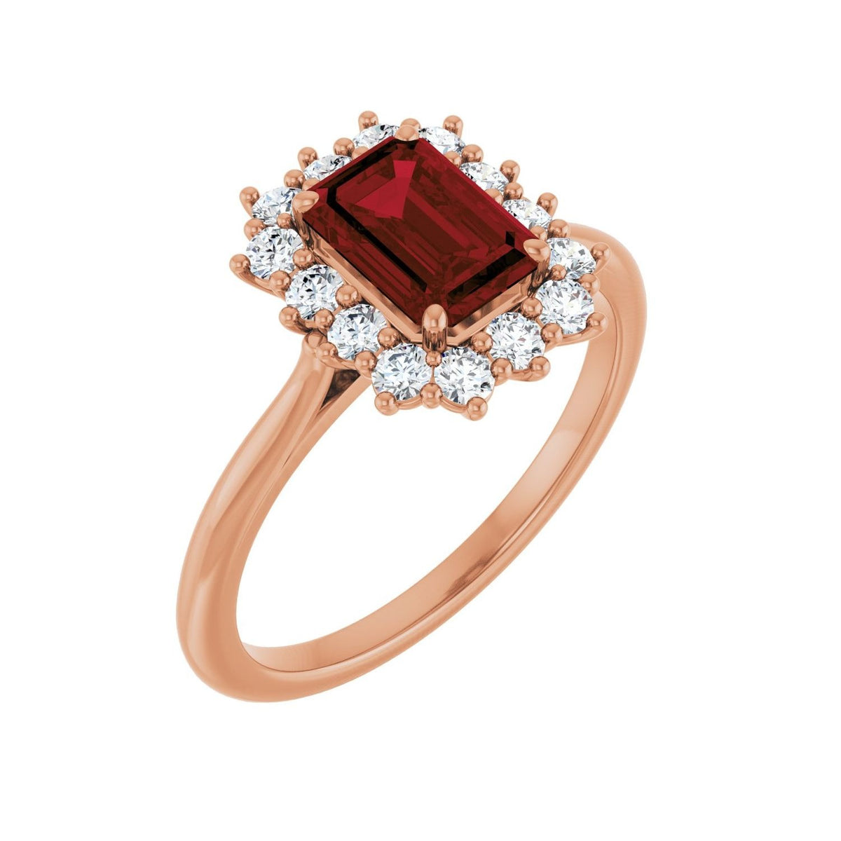 Sapphire Row Natural Gemstone Halo Ring - Mozambique Garnet, 14K Rose Gold, Emerald 7 × 5 mm · lab-grown diamond halo