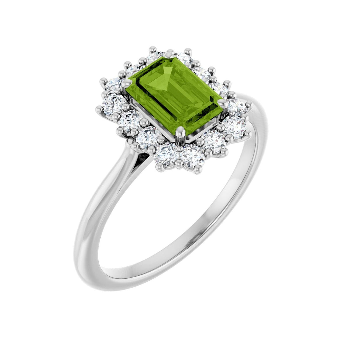 Sapphire Row Natural Gemstone Halo Ring - Peridot, 10K White Gold, Emerald 7 × 5 mm · lab-grown diamond halo
