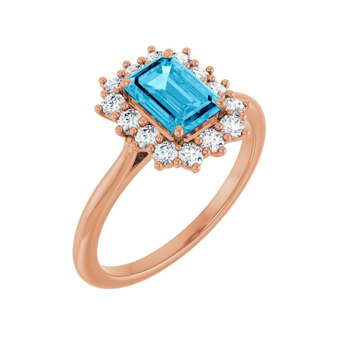 Sapphire Row Natural Gemstone Halo Ring - Aquamarine, 14K Rose Gold, Emerald 7 × 5 mm · lab-grown diamond halo