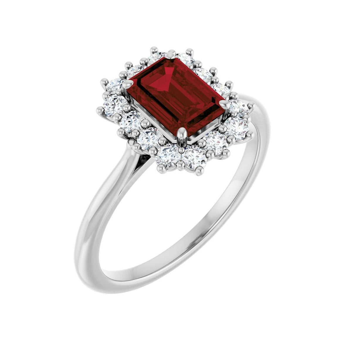 Sapphire Row Natural Gemstone Halo Ring - Mozambique Garnet, 14K White Gold, Emerald 7 × 5 mm · lab-grown diamond halo