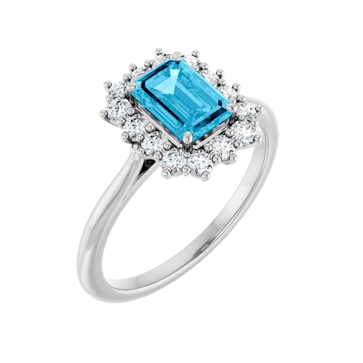 Sapphire Row Natural Gemstone Halo Ring - Aquamarine, 14K White Gold, Emerald 7 × 5 mm · lab-grown diamond halo