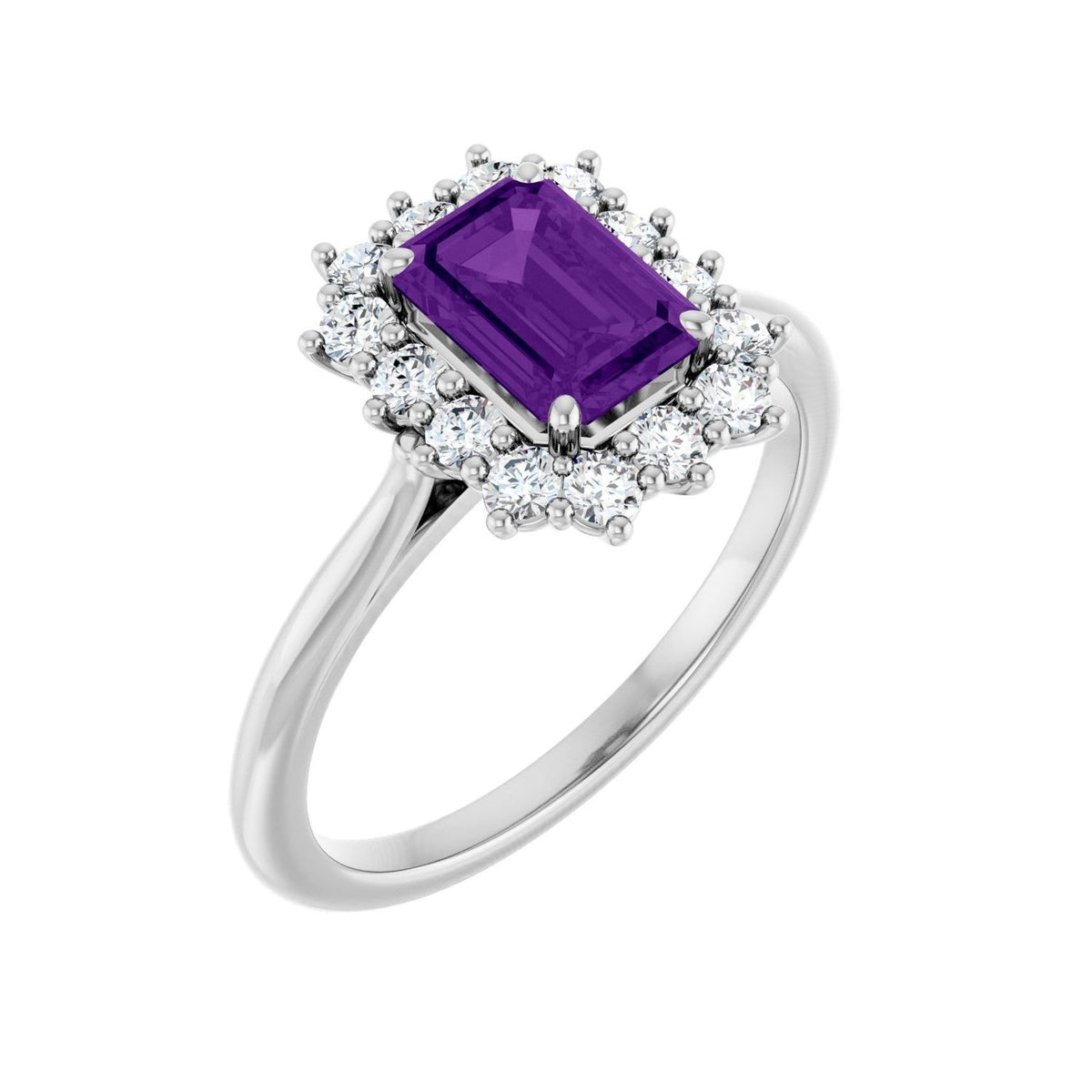 Sapphire Row Natural Gemstone Halo Ring - Amethyst, 10K White Gold, Emerald 7 × 5 mm · lab-grown diamond halo