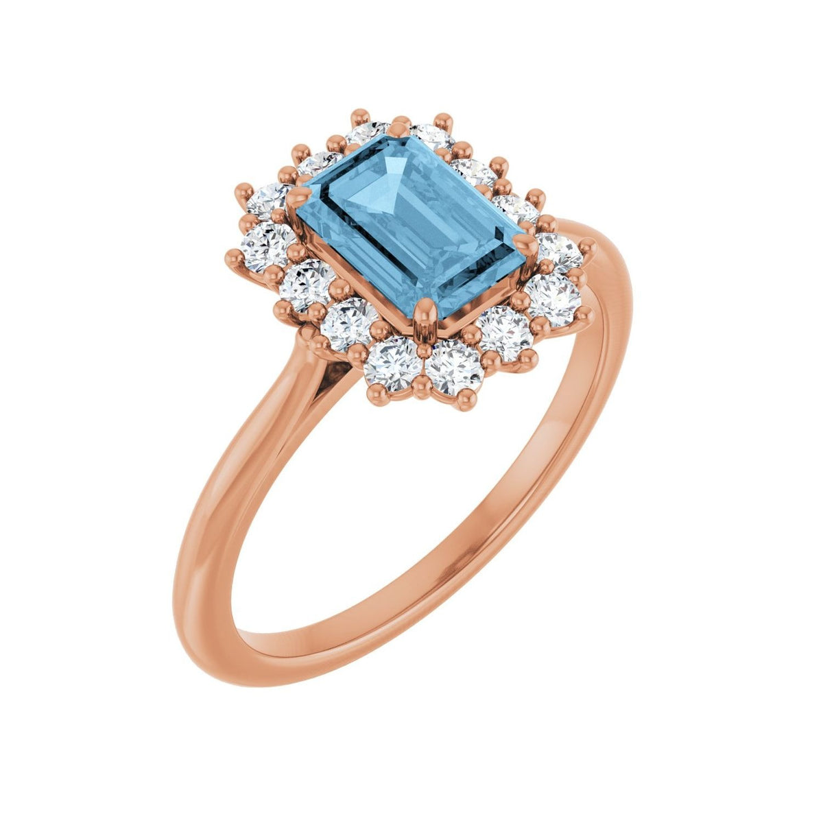 Sapphire Row Natural Gemstone Halo Ring - Sky Blue Topaz, 14K Rose Gold, Emerald 7 × 5 mm · lab-grown diamond halo