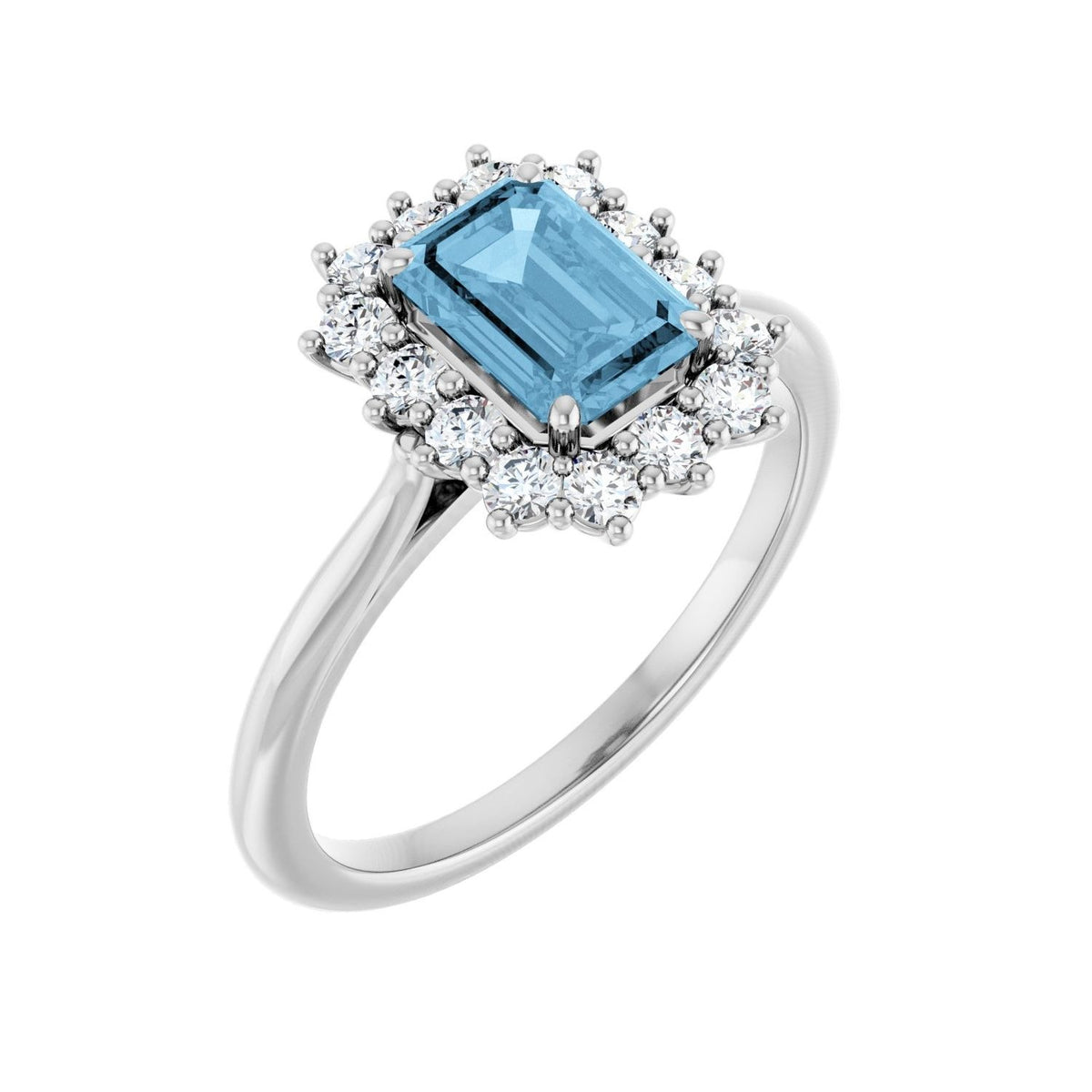 Sapphire Row Natural Gemstone Halo Ring - Sky Blue Topaz, 10K White Gold, Emerald 7 × 5 mm · lab-grown diamond halo