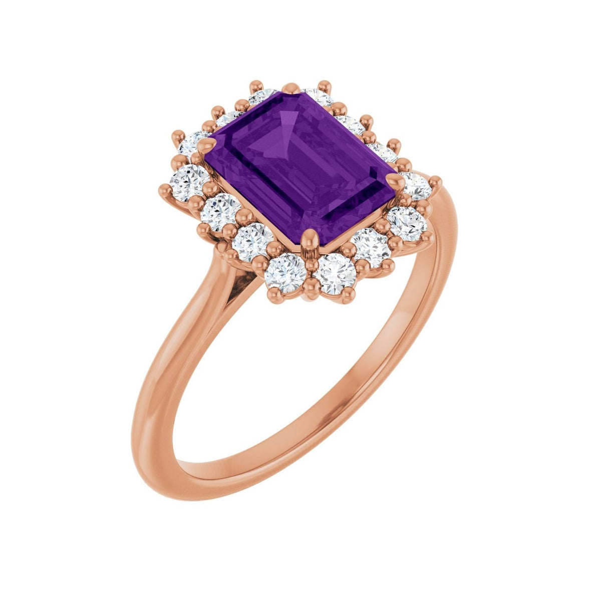 Sapphire Row Natural Gemstone Halo Ring - Amethyst, 14K Rose Gold, Emerald 8 × 6 mm · lab-grown diamond halo