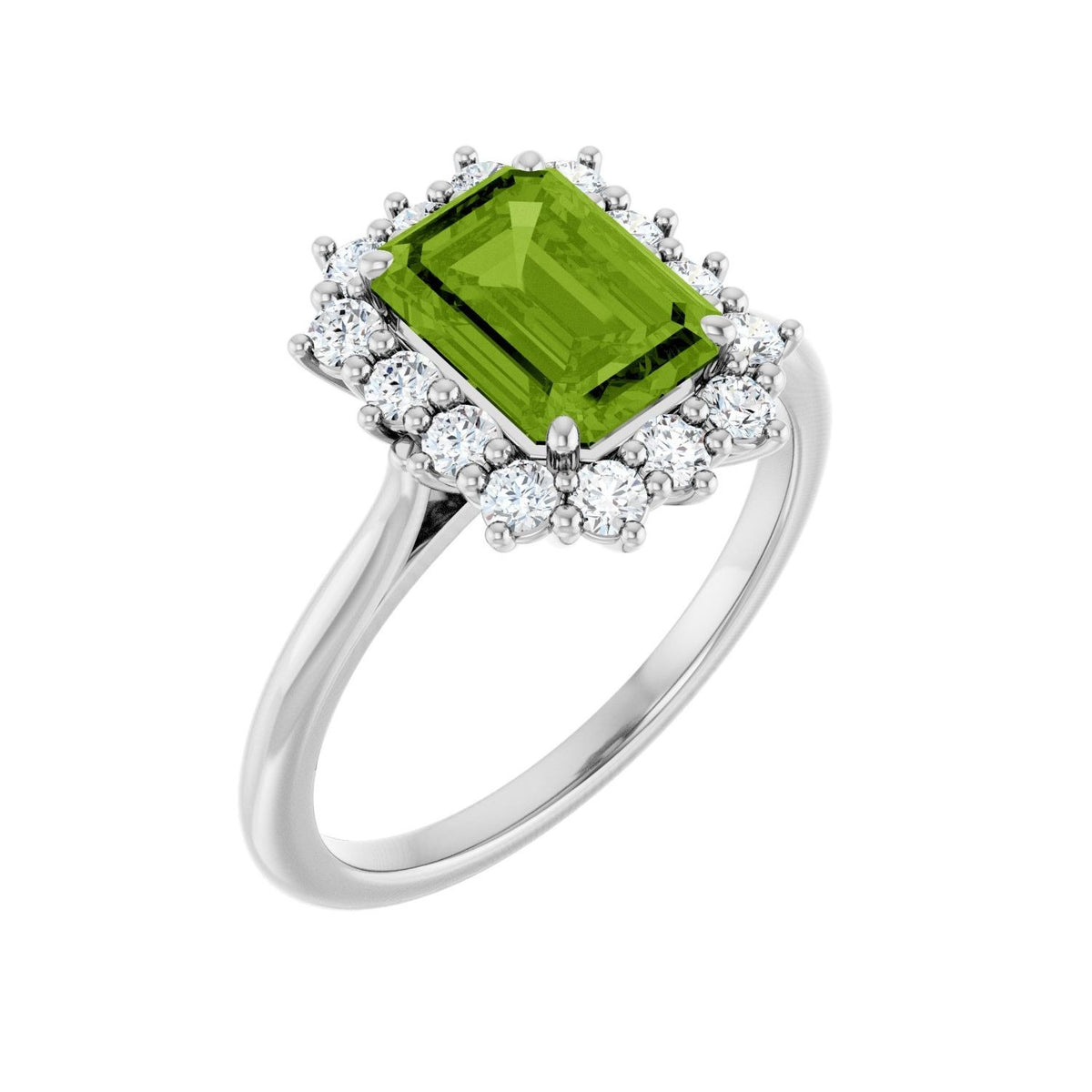 Sapphire Row Natural Gemstone Halo Ring - Peridot, 10K White Gold, Emerald 8 × 6 mm · lab-grown diamond halo