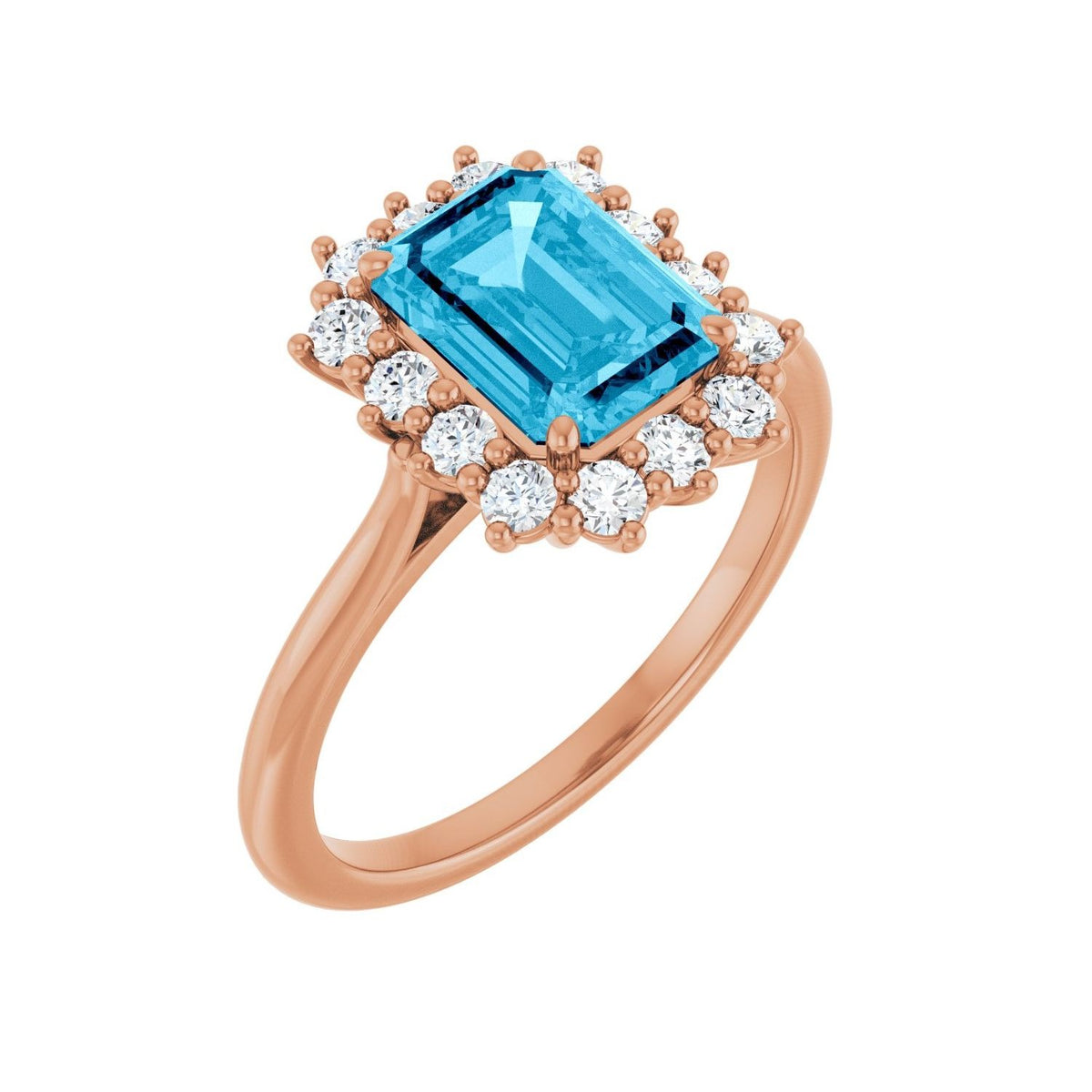 Sapphire Row Natural Gemstone Halo Ring - Aquamarine, 14K Rose Gold, Emerald 8 × 6 mm · lab-grown diamond halo