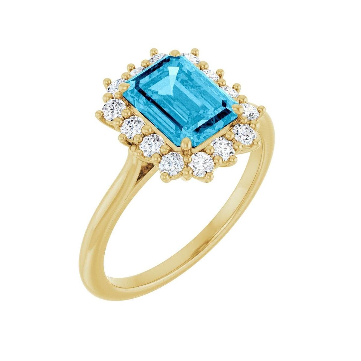 Sapphire Row Natural Gemstone Halo Ring - Aquamarine, 14K Yellow Gold, Emerald 8 × 6 mm · lab-grown diamond halo