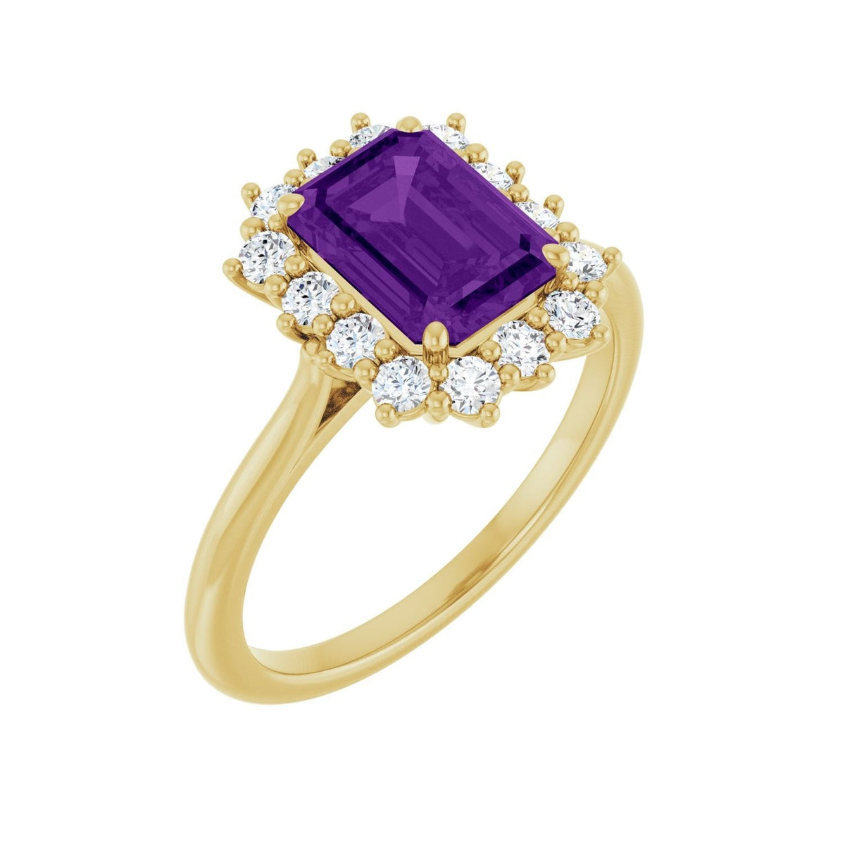 Sapphire Row Natural Gemstone Halo Ring - Amethyst, 14K Yellow Gold, Emerald 8 × 6 mm · lab-grown diamond halo