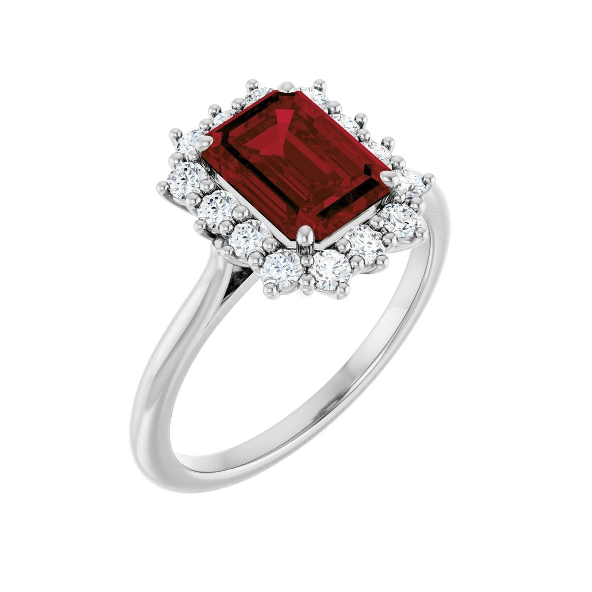 Sapphire Row Natural Gemstone Halo Ring - Mozambique Garnet, 10K White Gold, Emerald 8 × 6 mm · lab-grown diamond halo