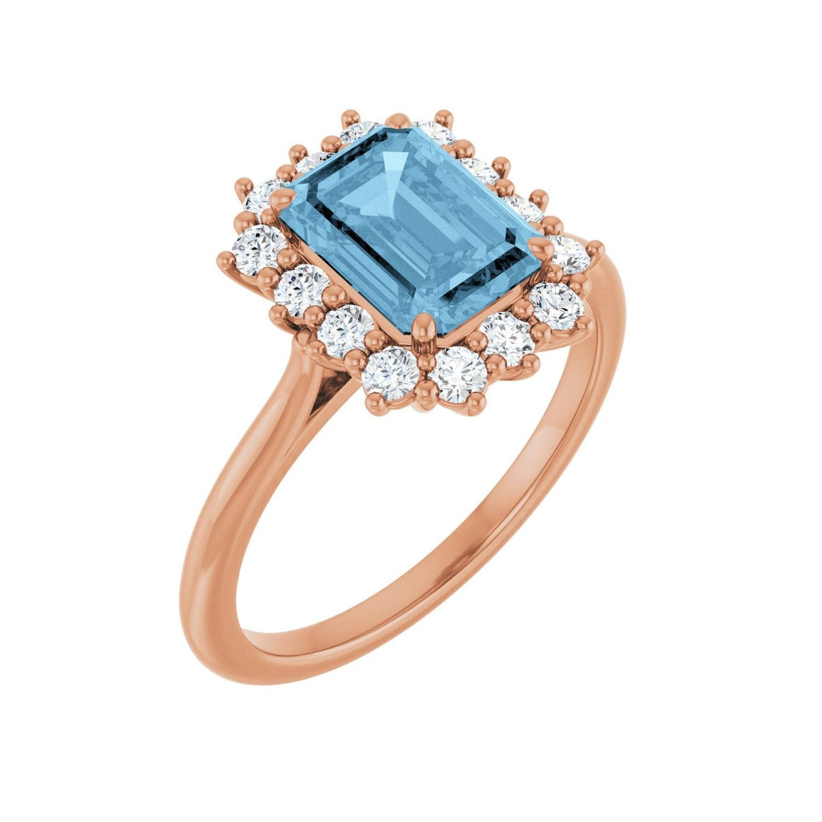 Sapphire Row Natural Gemstone Halo Ring - Sky Blue Topaz, 14K Rose Gold, Emerald 8 × 6 mm · lab-grown diamond halo