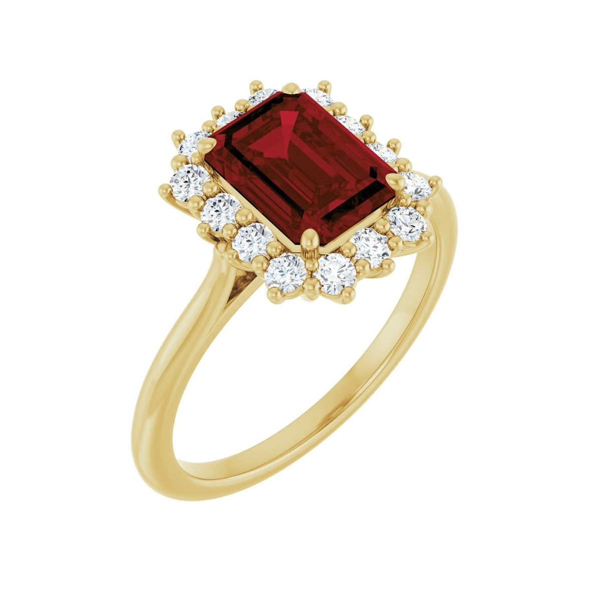Sapphire Row Natural Gemstone Halo Ring - Mozambique Garnet, 10K Yellow Gold, Emerald 8 × 6 mm · lab-grown diamond halo