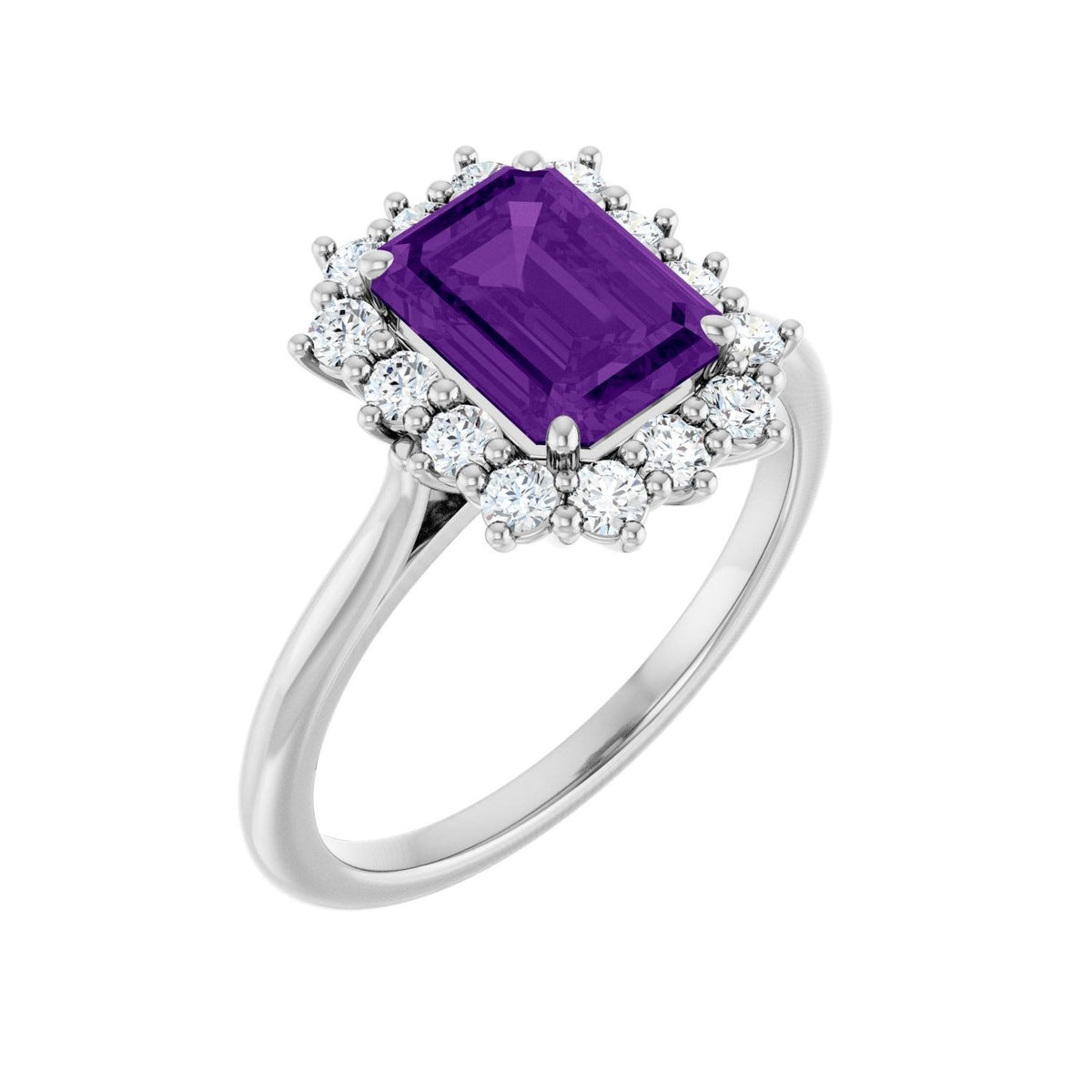 Sapphire Row Natural Gemstone Halo Ring - Amethyst, 10K White Gold, Emerald 8 × 6 mm · lab-grown diamond halo