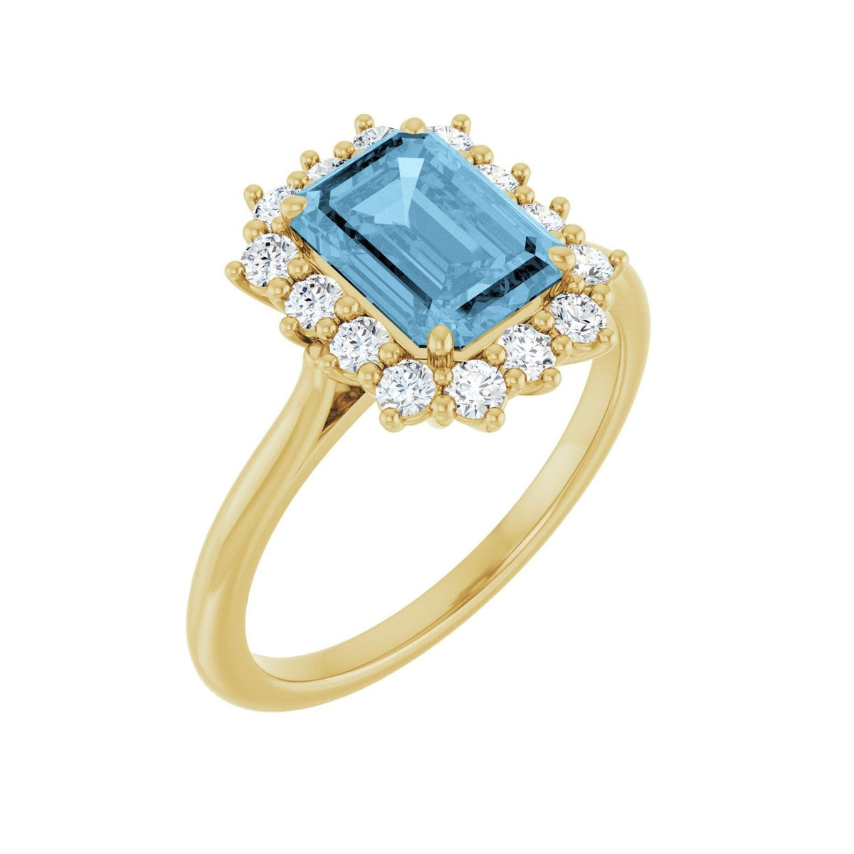 Sapphire Row Natural Gemstone Halo Ring - Sky Blue Topaz, 10K Yellow Gold, Emerald 8 × 6 mm · lab-grown diamond halo
