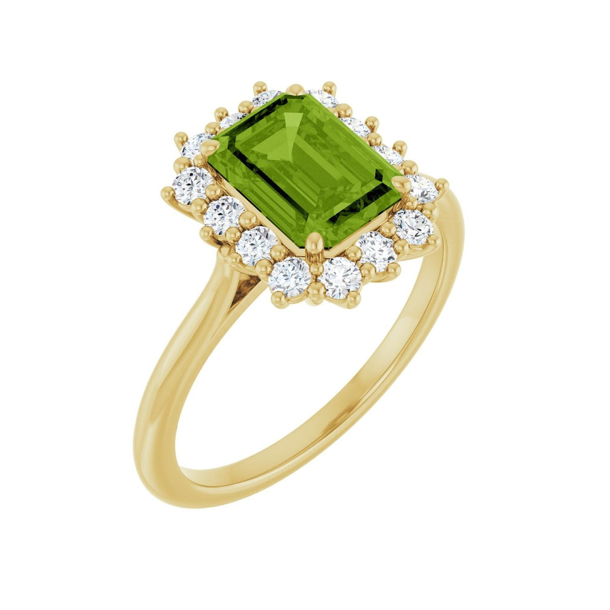 Sapphire Row Natural Gemstone Halo Ring - Peridot, 14K Yellow Gold, Emerald 8 × 6 mm · lab-grown diamond halo