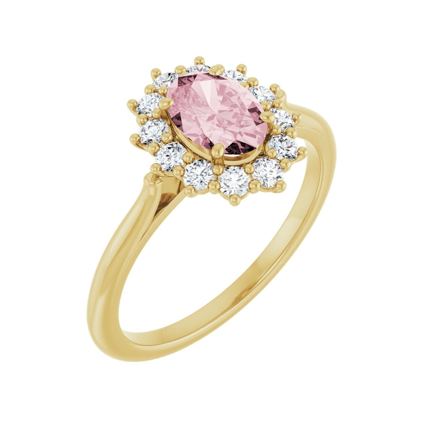 Sapphire Row Natural Gemstone Halo Ring - Pink Morganite, 14K Yellow Gold, Oval 7 × 5 mm · natural diamond halo