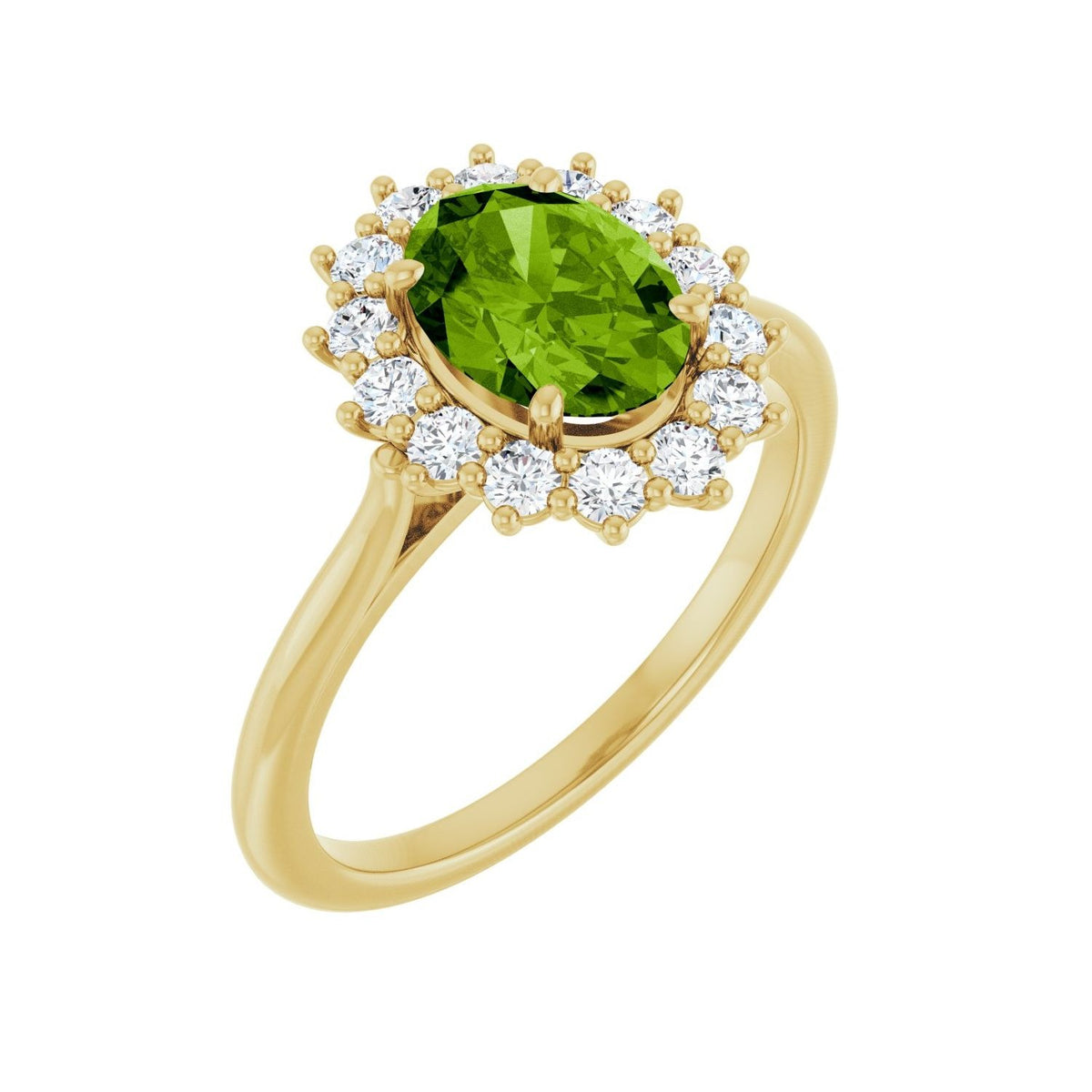 Sapphire Row Natural Gemstone Halo Ring - Peridot, 14K Yellow Gold, Oval 8 × 6 mm · natural diamond halo