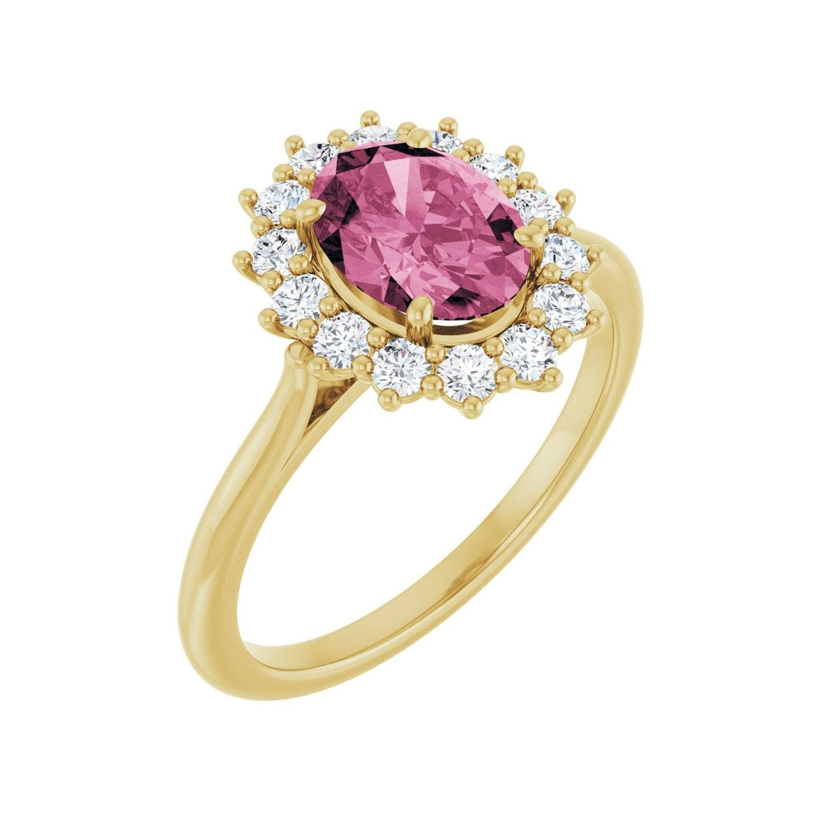 Sapphire Row Natural Gemstone Halo Ring - Pink Tourmaline, 14K Yellow Gold, Oval 8 × 6 mm · natural diamond halo