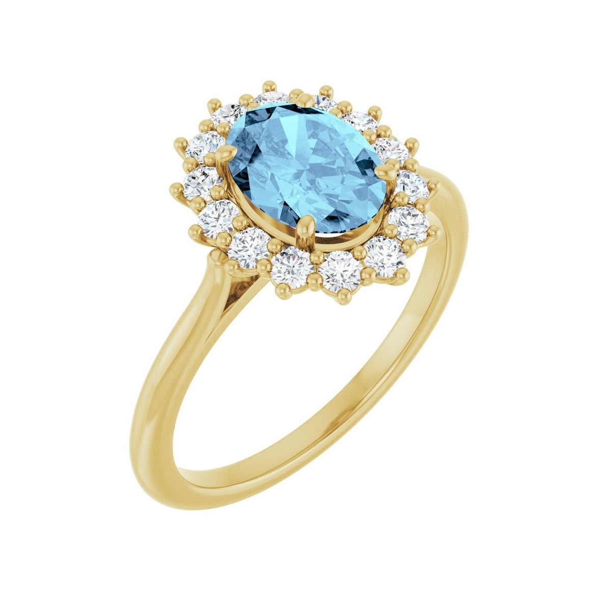 Sapphire Row Natural Gemstone Halo Ring - Aquamarine, 14K Yellow Gold, Oval 8 × 6 mm · natural diamond halo