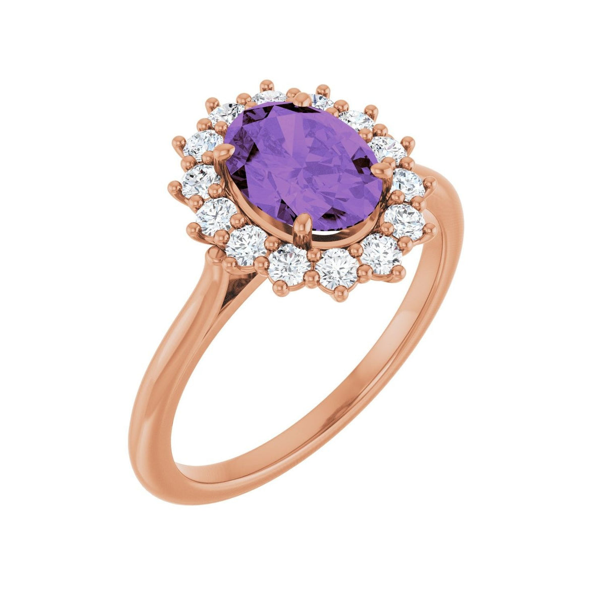 Sapphire Row Natural Gemstone Halo Ring - Amethyst, 14K Rose Gold, Oval 8 × 6 mm · natural diamond halo