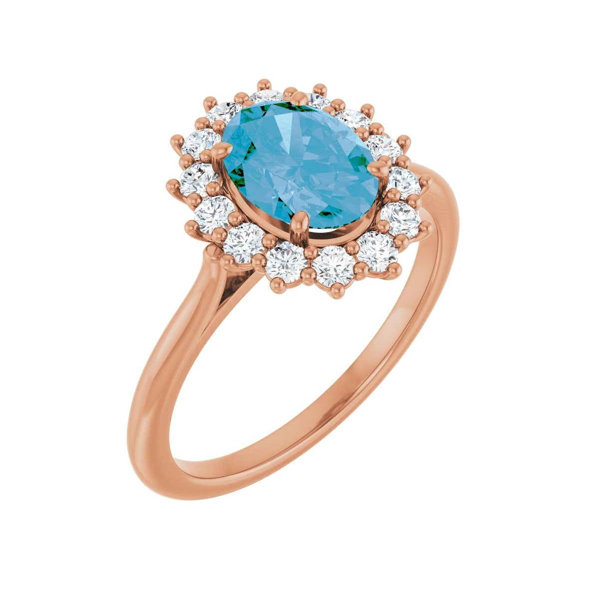 Sapphire Row Natural Gemstone Halo Ring - Swiss Blue Topaz, 14K Rose Gold, Oval 8 × 6 mm · natural diamond halo