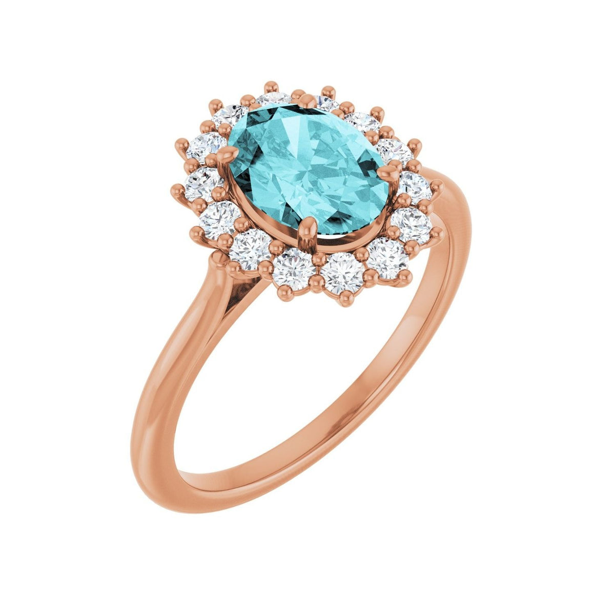Sapphire Row Natural Gemstone Halo Ring - Blue Zircon, 14K Rose Gold, Oval 8 × 6 mm · natural diamond halo