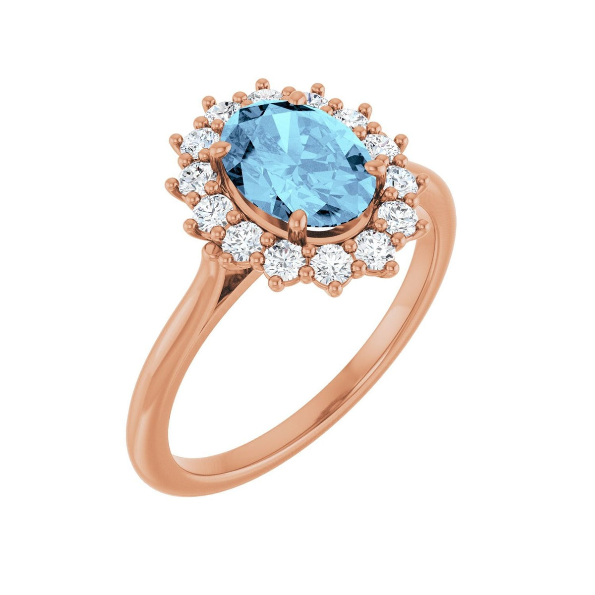 Sapphire Row Natural Gemstone Halo Ring - Aquamarine, 14K Rose Gold, Oval 8 × 6 mm · natural diamond halo