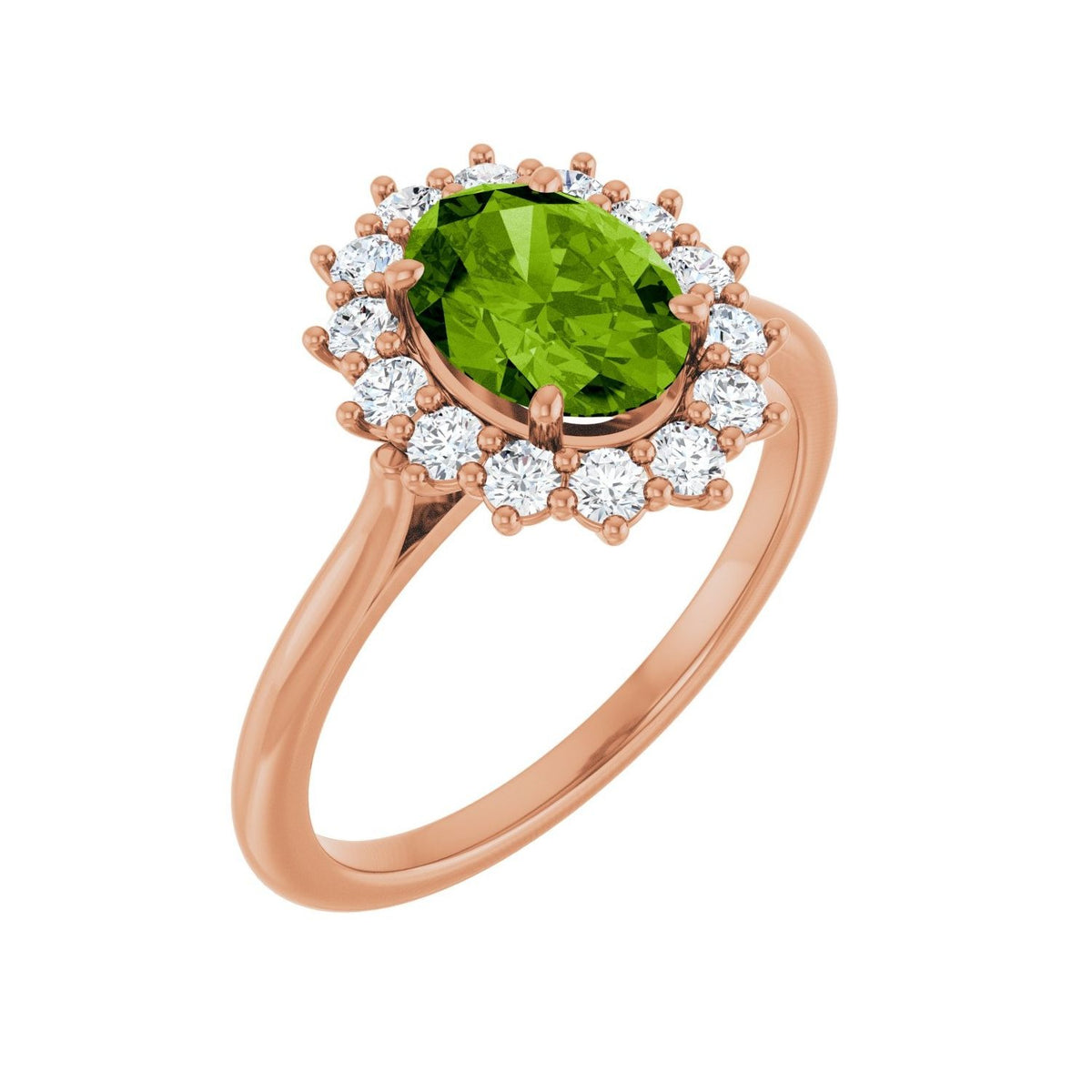 Sapphire Row Natural Gemstone Halo Ring - Peridot, 14K Rose Gold, Oval 8 × 6 mm · natural diamond halo
