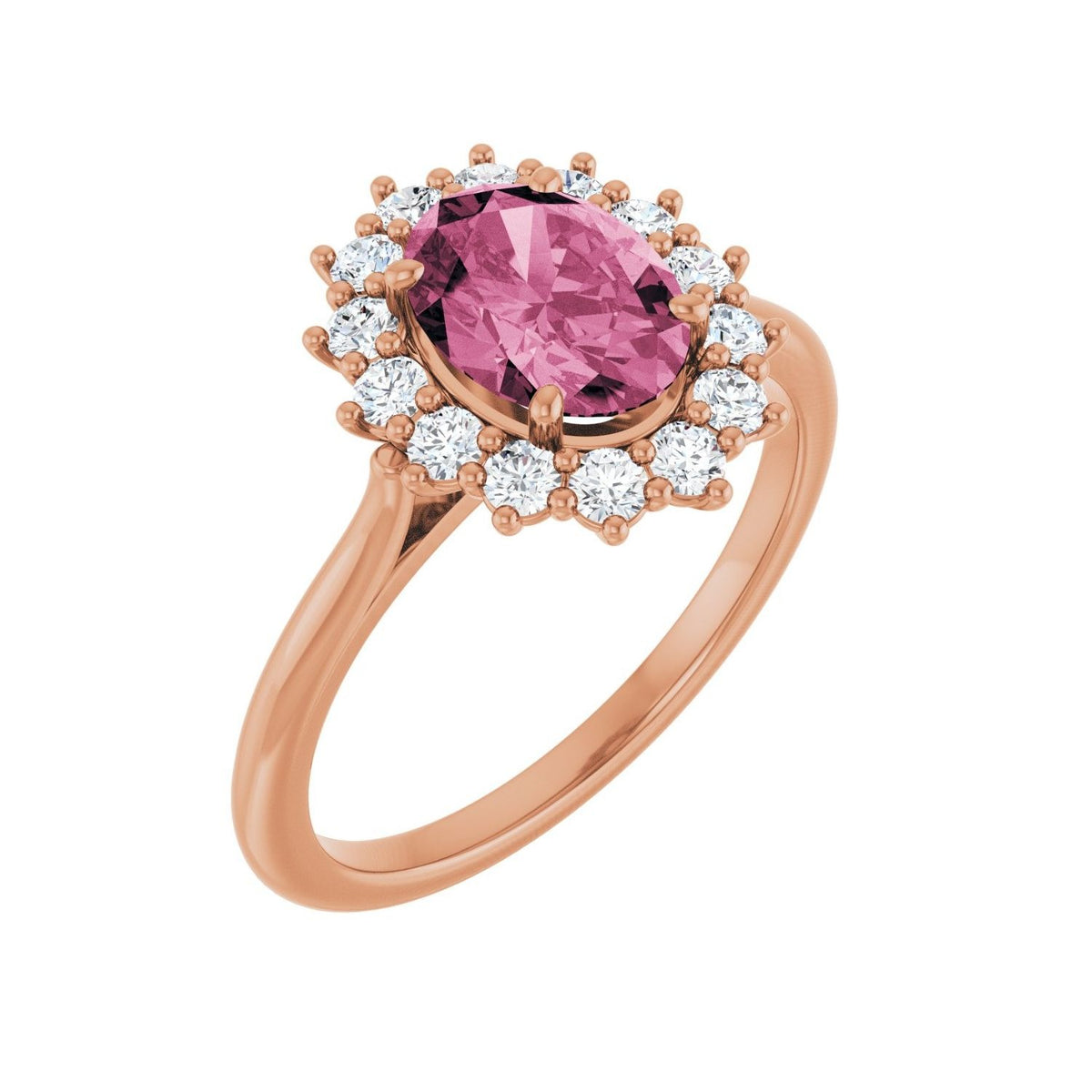 Sapphire Row Natural Gemstone Halo Ring - Pink Tourmaline, 14K Rose Gold, Oval 8 × 6 mm · natural diamond halo
