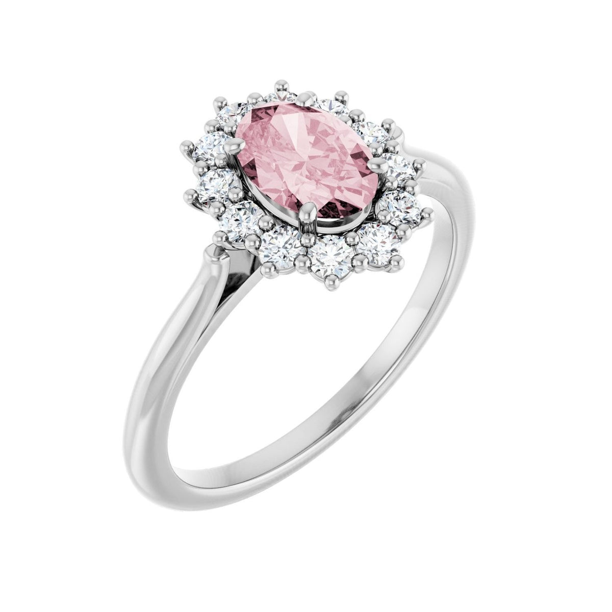 Sapphire Row Natural Gemstone Halo Ring - Pink Morganite, 14K White Gold, Oval 7 × 5 mm · natural diamond halo