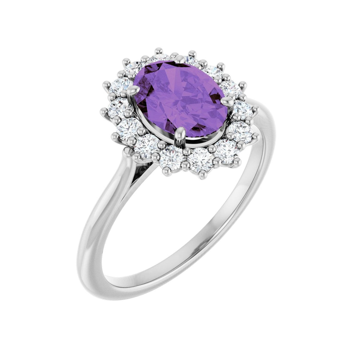 Sapphire Row Natural Gemstone Halo Ring - Amethyst, 14K White Gold, Oval 8 × 6 mm · natural diamond halo