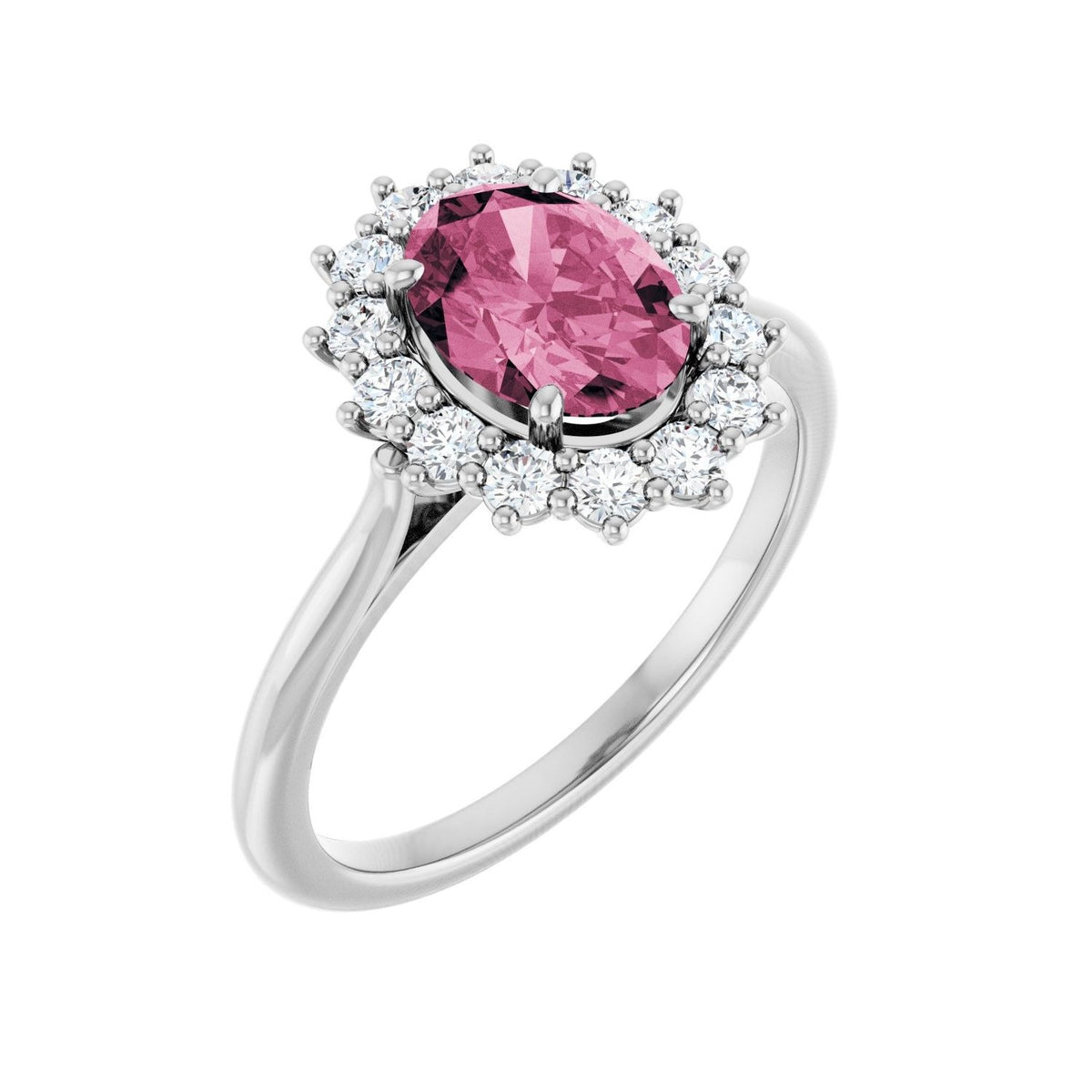 Sapphire Row Natural Gemstone Halo Ring - Pink Tourmaline, 14K White Gold, Oval 8 × 6 mm · natural diamond halo
